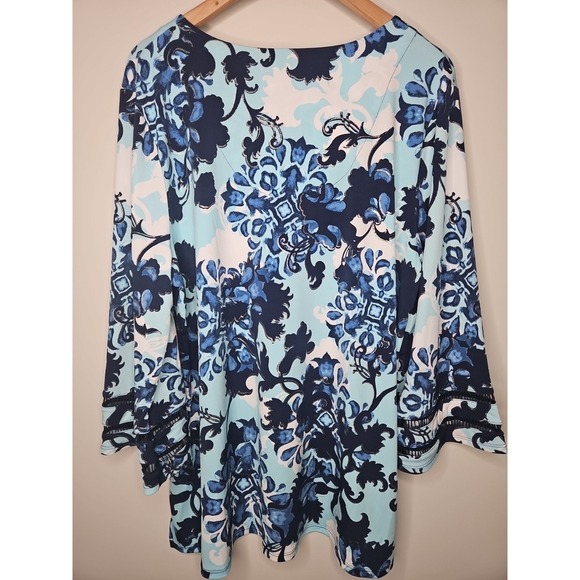 JM Collection Blouse XXL Blue Floral Boho Crochet Kimono Sleeves Tunic Top Chic - Picture 10 of 16